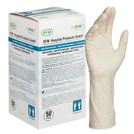 Перчатки медицинские смотровые латексные SFM стерильные опудренные размер M (8) белые (25 пар/50 штук в упаковке)