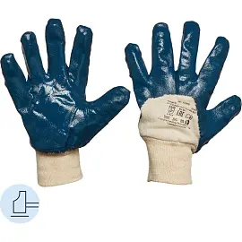 Перчатки рабочие защитные хлопковые с нитрильным покрытием белые/синие (неполный двойной облив, манжета резинка, универсальный размер)