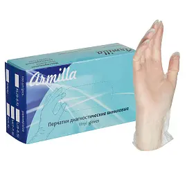 Перчатки медицинские смотровые виниловые Armilla текстурированные нестерильные неопудренные размер M (7-7.5) прозрачные (50 пар/100 штук в упаковке)