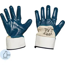 Перчатки рабочие защитные хлопковые с нитрильным покрытием белые/синие (неполный двойной облив, манжета крага, универсальный размер)