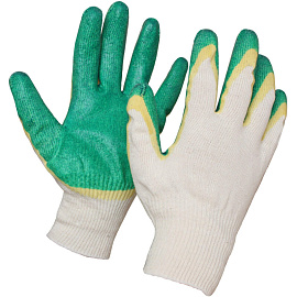 Перчатки рабочие защитные трикотажные с двойным латексным покрытием белые/зеленые (13 класс, универсальный размер)