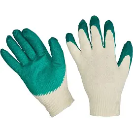 Перчатки рабочие защитные трикотажные с латексным покрытием белые/зеленые (13 класс, универсальный размер)