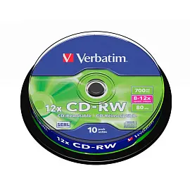 Диски CD-RW VERBATIM 700 Mb 12х Cake Box (упаковка на шпиле), КОМПЛЕКТ 10 шт., 43480