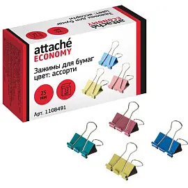 Зажимы для бумаг Attache Economy 25 мм цветные (12 штук в коробке)