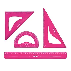 Набор чертежный 30 см Milan пластиковый розовый средний набор (4 предмета в наборе) (линейка 30 см, угольники 13 см и 17 см, транспортир 10 см)