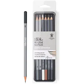 Набор чернографитных карандашей Winsor&Newton, (4В, 8В, белый мел, угольный, черный), в метал. пенале