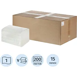 Полотенца бумажные листовые V-сложения 1-слойные 15 пачек по 200 листов