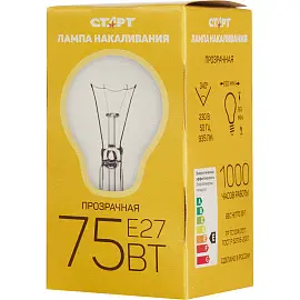 Лампа накаливания Старт 75 Вт E27 грушевидная прозрачная 2700 К теплый белый свет (10 штук в упаковке)