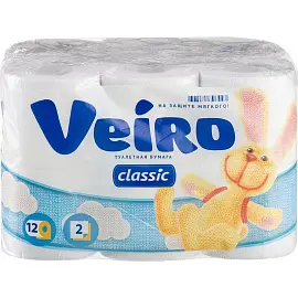 Бумага туалетная Veiro Classic 2-слойная белая (12 рулонов в упаковке)
