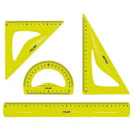 Набор чертежный 30 см Milan пластиковый желтый для левшей (4 предмета в наборе) (линейка 30 см, угольники 17 и 13 см, транспортир 10 см)