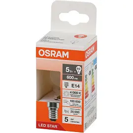 Лампа светодиодная Osram 5 Вт Е14 (Р, 4000 К, 600 Лм, 220 В, 4058075684447)