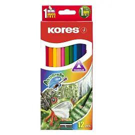 Карандаши цветные акварельные Kores трехгранные 12 цветов с точилкой и кистью