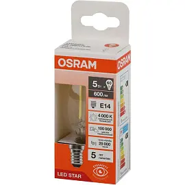 Лампа светодиодная Osram 5 Вт Е14 (B, 4000 К, 600 Лм, 220 В, 4058075684782)
