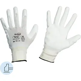 Перчатки рабочие защитные Manipula Specialist Полисофт MG-166 из полиэфира с полиуретаном полиуретановым покрытием белые (13 нитей, 13 класс, размер 1