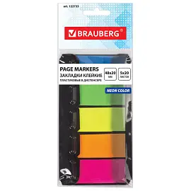 Закладки клейкие неоновые BRAUBERG, 48х20 мм, 100 штук (5 цветов х 20 листов), в пластиковом диспенсере, 122733