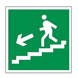 Знак эвакуационный "Направление к эвакуационному выходу по лестнице НАЛЕВО вниз", 200х200 мм, пленка самоклеящаяся, 610019/Е14, 610019/Е 14