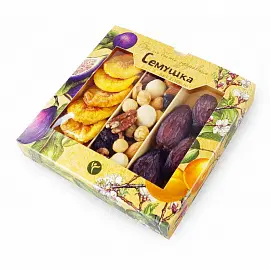 Подарочный набор коктейль смесь орехов с королевскими финиками и персиками Семушка 230 г