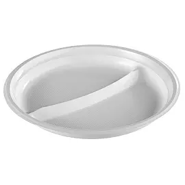 Тарелка одноразовая пластиковая 2-х секционная 220 мм белая 100 штук в упаковке Комус Стандарт