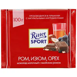 Шоколад Ritter Sport молочный с ромом орехом и изюмом 100 г