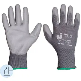 Перчатки рабочие защитные JetaSafety нейлоновые с полиуретановым покрытием серые (4 нити, 13 класс, размер 9, L, 12 пар в упаковке)