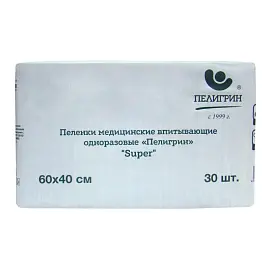 Пеленки одноразовые впитывающие Пелигрин Super 60x40 см (30 штук в упаковке)