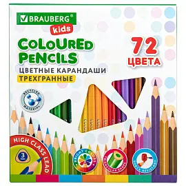 Карандаши цветные BRAUBERG KIDS, 72 цвета, трехгранный корпус, грифель мягкий 3 мм, 181947