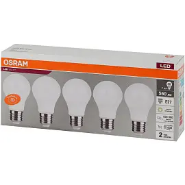 Лампа светодиодная Osram 7 Вт Е27 (А, 3000 К, 560 Лм, 220 В, 5 штук в упаковке, 4058075577626)