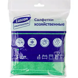 Салфетки хозяйственные Luscan Professional микрофибра 30х30 см 300 г/кв.м зеленые 3 штуки в упаковке