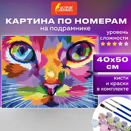Картина по номерам 40х50 см, ОСТРОВ СОКРОВИЩ "Радужный кот", на подрамнике, акрил, кисти, 663320