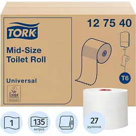 Бумага туалетная в рулонах Tork 127540 Mid-size Universal T6 1-слойная 27 рулонов по 135 метров