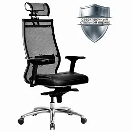 Кресло офисное МЕТТА "SAMURAI" SL-3.05, с подголовником, сверхпрочная ткань-сетка/экокожа, черное