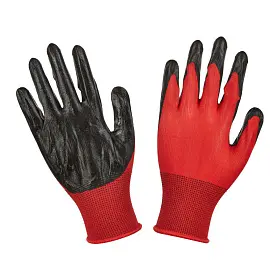 Перчатки защитные нейлоновые с нитрильным покрытием черные/красные (15 класс, универсальный размер, 12 пар в упаковке)