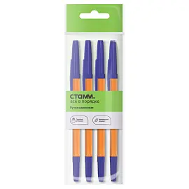 Ручка шариковая СТАММ "Оптима" 4шт., синие, 1,0мм, оранжевый корпус, пакет с европодвесом