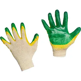 Перчатки защитные эконом хлопковые с двойным латексным покрытием зеленые (10 нитей, 13 класс, универсальный размер, 300 пар в упаковке)