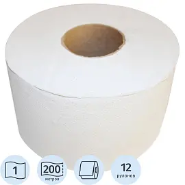 Бумага туалетная в рулонах 1-слойная 12 рулонов по 200 метров (артикул производителя 200W1)