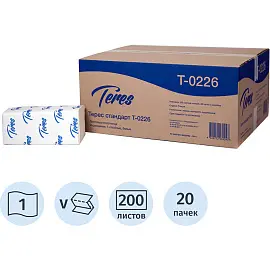 Полотенца бумажные листовые Терес Стандарт V-сложения 1-слойные 20 пачек по 200 листов (артикул производителя Т-0226)