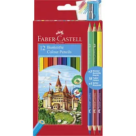 Карандаши цветные Faber-Castell Замок 12 цветов шестигранные и 6 цветов круглые с точилкой