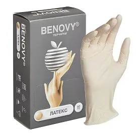 Перчатки медицинские смотровые латексные Benovy текстурированные нестерильные неопудренные размер M (7-8) бежевые (100 штук в упаковке)