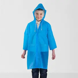 Дождевик плащ для ребенка 8-10 лет на кнопках многоразовый, с карманами, прочный, ПВХ, синий, 26939