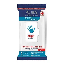 Салфетки влажные Aura "Derma Protect", 20*15, big-pack с крышкой, 40шт., антибактериальные, спиртовые