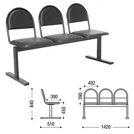Кресло для посетителей трехсекционное "Тройка", 835х1420х520 мм, черный каркас, черный кожзам, СМ 91-03 К01