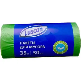 Мешки для мусора на 35 л Luscan зеленые (ПНД, 8 мкм, в рулоне 30 штук, 48х58 см)