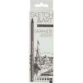 Набор карандашей цельнографитовых (2H-8B) Sketch&Art заточенные четырехгранные (6 штук в наборе)