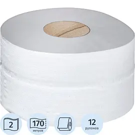 Бумага туалетная в рулонах 2-слойная 12 рулонов по 170 метров