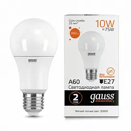 Лампа светодиодная GAUSS, 10(75)Вт, цоколь Е27, груша, теплый белый, 25000 ч, LED A60-10W-3000-E27, 23210