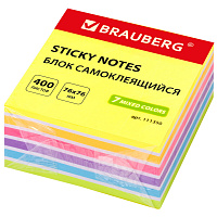 Блок самоклеящийся (стикеры) BRAUBERG НЕОНОВЫЙ 76х76 мм, 400 листов, 7 цветов, 111350