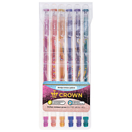 Набор гелевых ручек Crown "Glitter Metal Jell" 6шт., 06цв., 1,0мм, с блестками, ПВХ уп., европодвес
