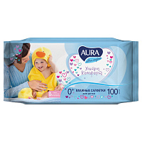 Салфетки влажные КОМПЛЕКТ 100 шт., для детей AURA "Ultra comfort", универсальные, очищающие, гипоаллергенные, без спирта, 5637