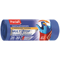 Мешки для мусора, 35 л, с ушками, синие, рулон 30 шт., ПНД, 10,5 мкм, 50х64 см, PACLAN "Multitop