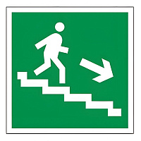Знак эвакуационный "Направление к эвакуационному выходу по лестнице НАПРАВО вниз", 200х200 мм, пленка самоклеящаяся, 610018/Е13, 610018/Е 13